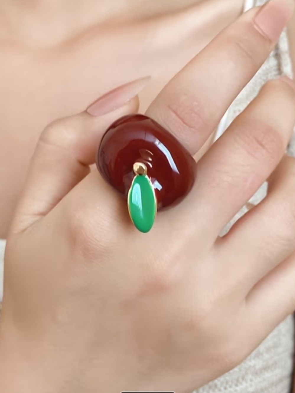 Green Leaf Accent Red Apple Resin Statement Ring
